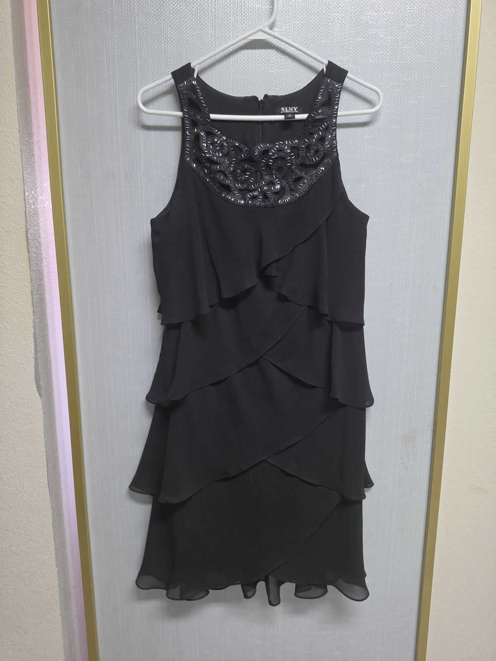 SLNY Black Tiered Ruffle Cocktail Dress with Beaded Yoke